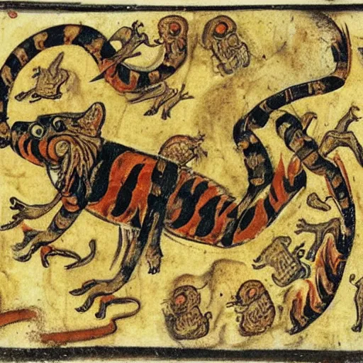 Prompt: tiger fire with many legs flying in a medieval manuscript, medieval manuscript, golden miniatures