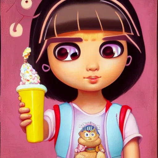 Image similar to dora the explorer as real girl holding ice cream, detailed, intricate complex background, Pop Surrealism lowbrow art style, mute colors, soft lighting, by Mark Ryden and mucha, artstation cgsociety