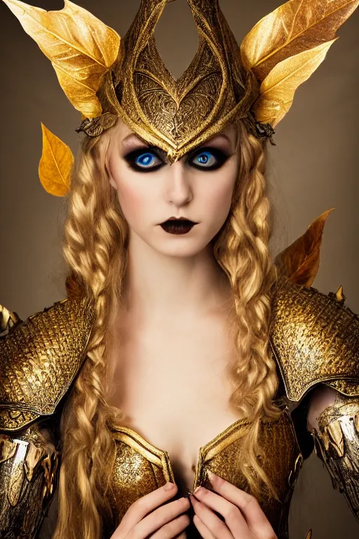 Image similar to very beautiful elven top model, golden hair, wearing dolce & gabbana gothic victorian armor with leaves and flowers, luxury materials, symmetrical, cinematic, elegant, professional studio light, real dlsr photography, sharp focus, 4 k, ultra hd, sense of awe, high fashion