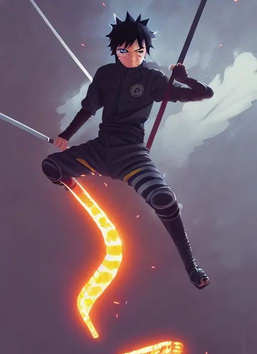 Prompt: highly detailed katana wielding naruto uzumaki with black hair, fighting with polish policeman art by greg rutkowski, loish, rhads, ferdinand knab, makoto shinkai and lois van baarle, ilya kuvshinov, rossdraws, tom bagshaw, global illumination, radiant light, detailed and intricate environment