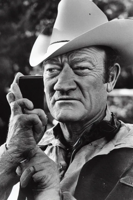 Image similar to john wayne using an iphone, photo