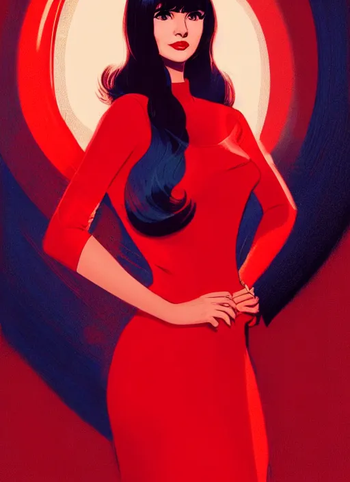 Image similar to portrait of veronica lodge with bangs, 1 9 6 0 s, long hair, red clothes, bangs, intricate, elegant, glowing lights, highly detailed, digital painting, artstation, concept art, smooth, sharp focus, illustration, art by wlop, mars ravelo and greg rutkowski