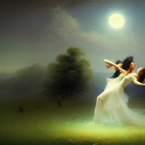 Image similar to the moonlit dance of the fae, dancers in white dancing across a flower meadow the moonlit dance by elena vizerskaya and ivan aivazovsky, perfectly detailed, artstation, sharp focus, highly detailed, studio photography, atmospheric, trending on artstation, surrealist, volumetric lighting