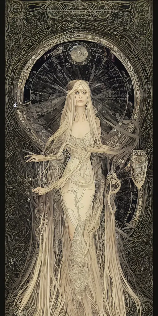 Prompt: 4k HD digital full body portrait of beautiful regal elven king, long white hair, black paper, wheel of sigils behind subject, fox god tarot card, Artstation, Alphonse Mucha, Craig Mullins, Marc Simonetti, art nouveau aesthetic, ornate and intricate details, decorative nouveau image border