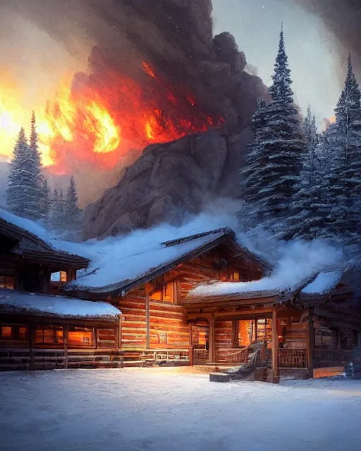 Prompt: mountain chalet covered in fire, smoke, sunrise, snow, sharp details, sharp focus, elegant, highly detailed, illustration, by Jordan Grimmer and greg rutkowski and PiNe(パイネ) and 薯子Imoko and 香川悠作 and wlop and maya takamura, intricate, beautiful, Trending artstation, pixiv, digital Art