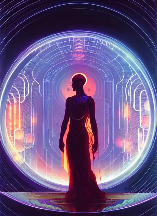 Prompt: high depth, collective civilization knowledge, calm, healing, resting, life, hybrids, scifi, glowing lights!!, published concept art, mixed medias, image overlays, sharp focus, thin glowing wires, winning illustration, art by greg rutkowski and alphonse mucha, singularity!!!, 3 6 0 projection