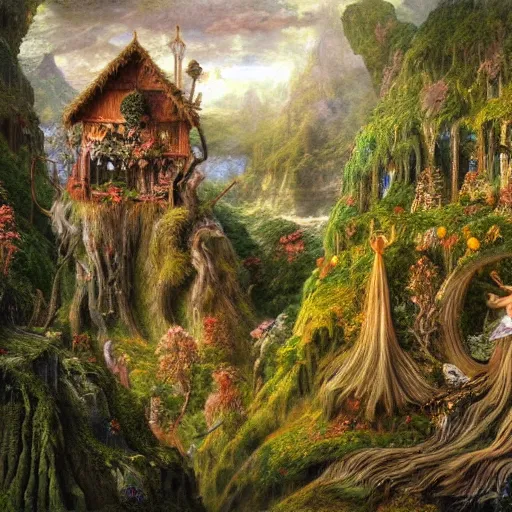 Prompt: a beautiful and highly detailed oil painting of a secret fairy land hidden deep in the lush mountains, wooden structures, intricate details, epic scale, insanely complex, 8 k, sharp focus, hyper realism, fantasy landscape, psychedelic, by caspar friedrich and brian froud,
