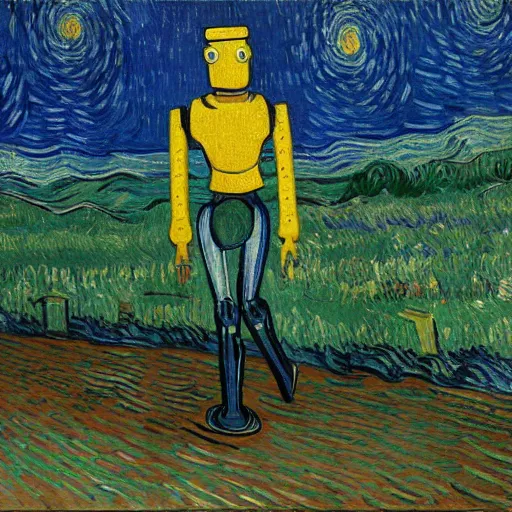 Image similar to A robot walking in the backrooms, painted by Vincent Van Gogh