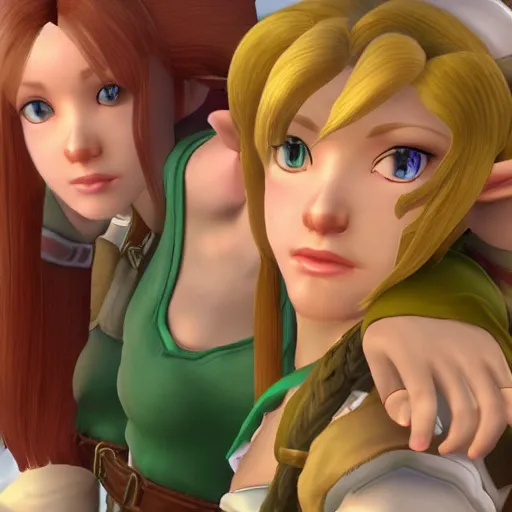 Prompt: female link and malon kissing, raytracing, hd, max settings