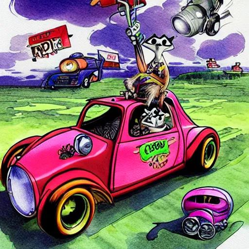 Image similar to racoon riding in a tiny hot rod coupe with oversized engine, ratfink style by ed roth, centered award winning watercolor pen illustration, by chihiro iwasaki, edited by range murata