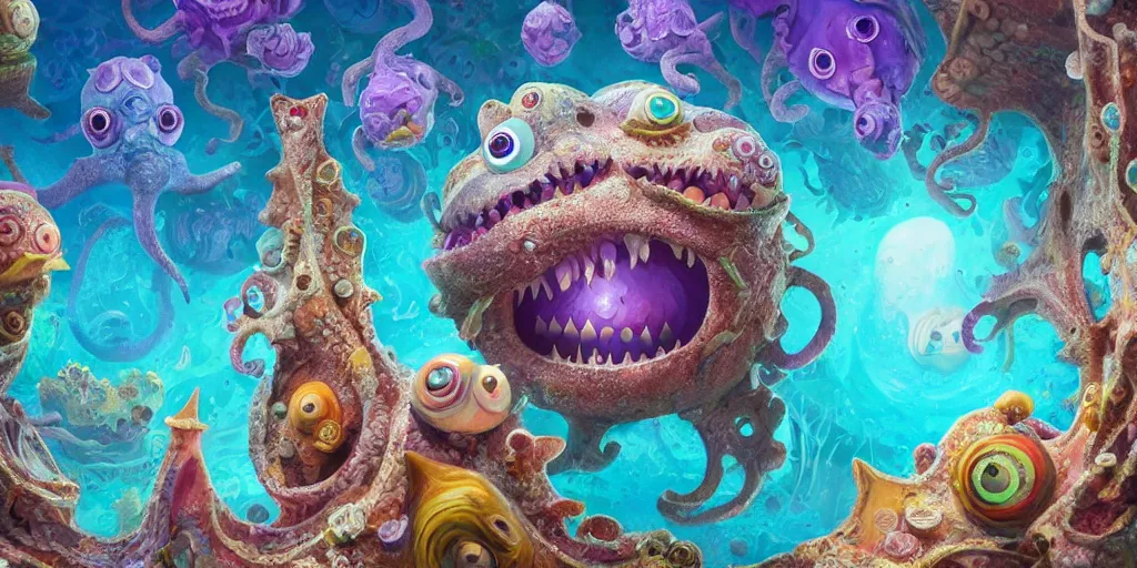 Image similar to of an intricate sea reef with strange cute friendly happy creatures with huge eyes, mouth, long tongue, round teeth and goofy face, appearing from the background, in the style of gehry and gaudi, macro lens, shallow depth of field, ultra detailed, digital painting, trending artstation, concept art, illustration, cinematic lighting, photorealism, epic, octane render