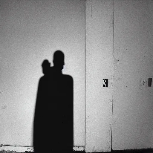 Prompt: Photograph of an abandoned 1940s liminal space, shadow man standing in corner, dark, no lights, moist, taken using a film camera with 35mm expired film, bright camera flash enabled, award winning photograph, creepy, liminal space