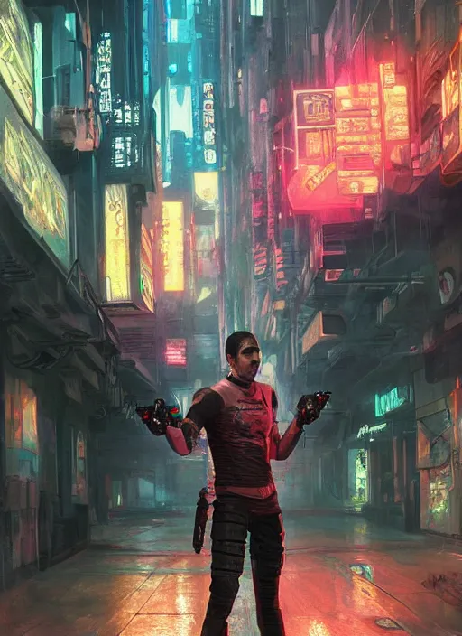 Prompt: cyberpunk combat sports. javier the 2 0 7 8 champion in athletic gear. blade runner 2 0 4 9 concept painting. epic painting by james gurney, azamat khairov, and alphonso mucha. artstationhq. painting with vivid color. ( rb 6 s, cyberpunk 2 0 7 7 )