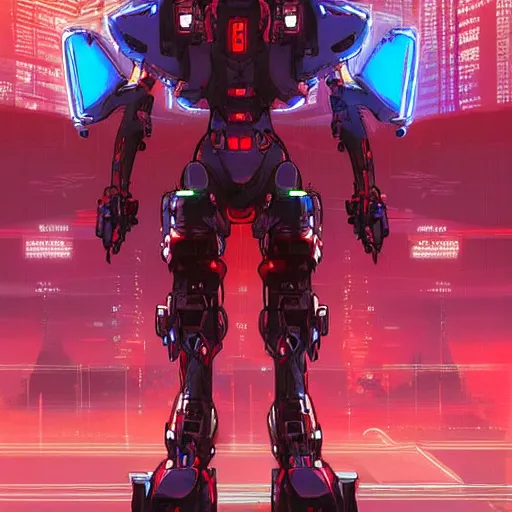 Image similar to arasaka mech, cyberpunk, art by christian ward, red and blue neon