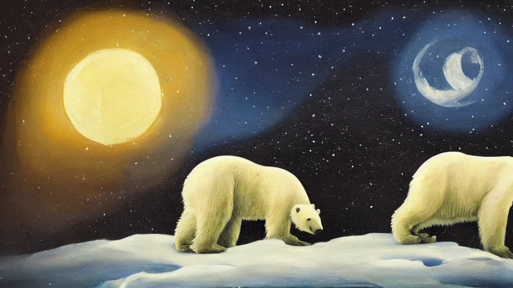 Image similar to an oil painting of a close - up polar bear traversing a snowy landscape at night, the northern lights and the moon are visible