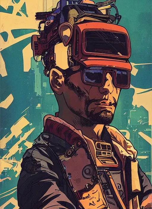 Prompt: hector tanaka. cyberpunk mercenary with scenic background. portrait illustration, pop art, art by ashley wood, alphonse mucha, laurie greasley and josan gonzalez. cinematic. beautiful lighting. realistic proportions. creative