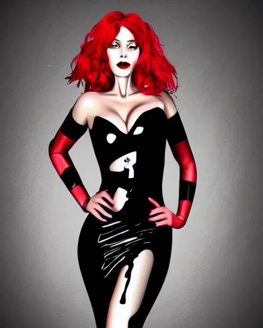 Image similar to Digital painting of a female model posing in a black latex dress, gothic, short red hair, black and red tones, dramatic background