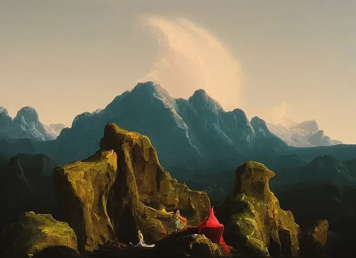 Image similar to painting of a modern minimalist sculpture in front of beautiful mountains by thomas cole