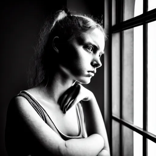 Image similar to black and white photography of highly detailed beautiful depressed Woman with detailed face in the heroine chique style standing by the window, volumetric natural light