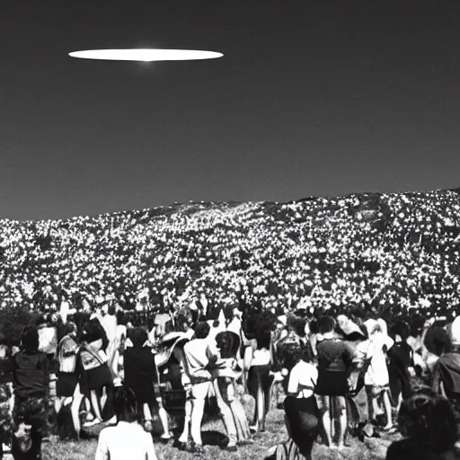 Image similar to a picture of an ufo above an hippie festival in the 6 0's, black and white