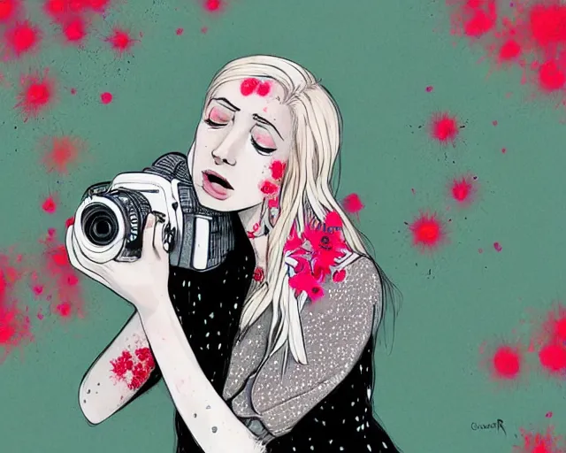 Image similar to pale young woman with bright blonde hair, freckles, gray eyes and a wide face, flowery dress, she is holding a professional dslr camera close to her face with one hand, dramatic lighting, bright flare, expressive, surrealist art by conrad roset