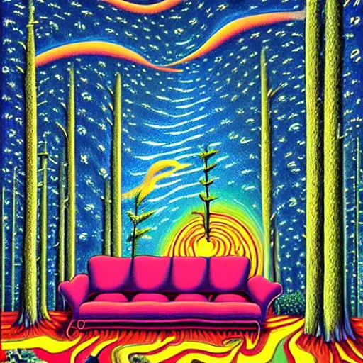 Image similar to psychedelic trippy couch pine forest, planets, milky way, sofa, cartoon by rob gonsalves