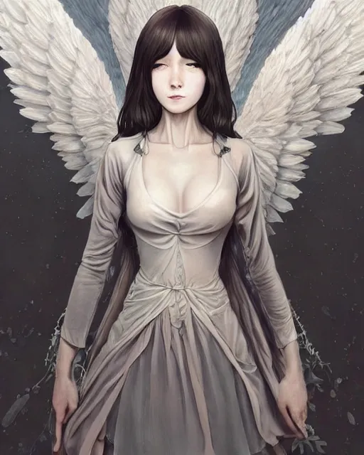 Image similar to an infinitely detailed portrait of a frail and pale female peace angel elegantly. fully - clothed full - body, beautiful! scenery art!! coherent! by wlop & murata range, by ilya kuvshinov. victorian armor trim, cold color palette, artstation / pixiv!! elegantly armored angel portrait full - body, dreamy art