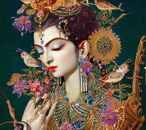 Prompt: breathtaking detailed concept art painting art deco pattern a beautiful devi goddess with shinny skin on sitted on an intricate metal throne, hands pressed together in bow, light - flowers with kind piercing eyes and blend of flowers and birds, by hsiao - ron cheng and john james audubon, bizarre compositions, exquisite detail, extremely moody lighting, 8 k h 1 0 2 4