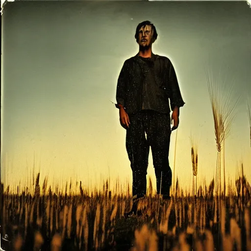 Image similar to A wet-collodion photograph of a man standing in a field of wheat, high contrast, sunset, shallow depth of field