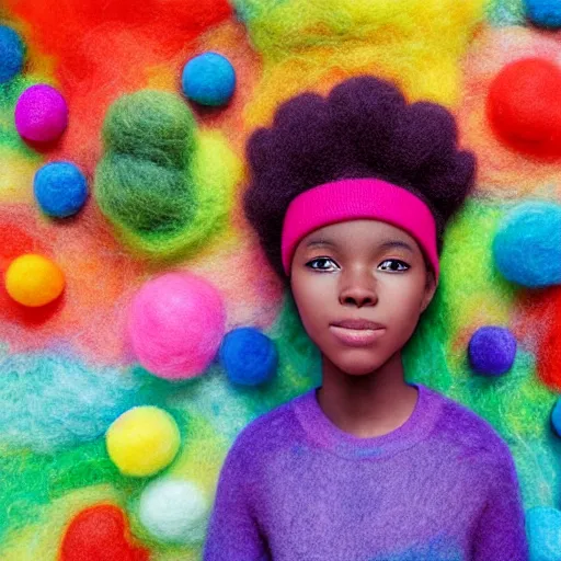 Image similar to a black girl with a colorful afro in a candy forest at night, bokeh, bright colours, watercolor, volumetric wool felting, macro photography, children illustration, by goro fujita