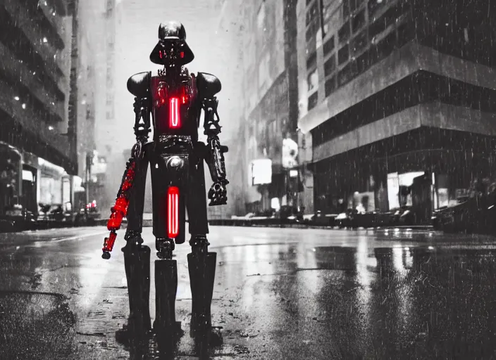 Image similar to 3 5 mm portrait photo of general grievous with heavy duty biomechanical cybernetic body with 4 arms holding 4 activated red lightsabers in the city in the rain. cyberpunk horror style.