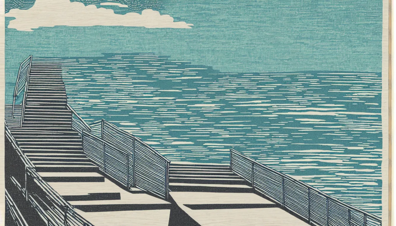 Image similar to stairs down to the ocean by woodblock print