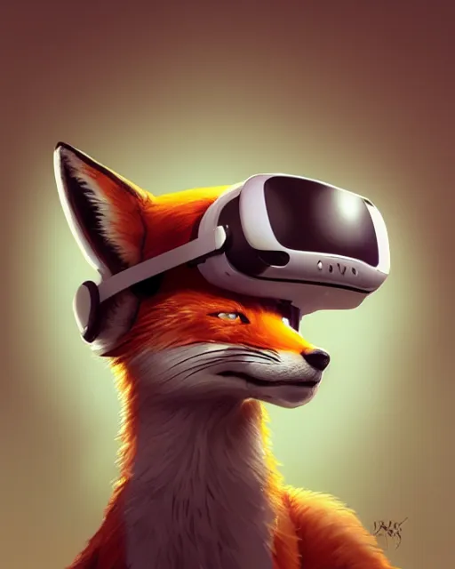 Image similar to a fox wearing a VR headset on its head By Makoto Shinkai, Stanley Artgerm Lau, WLOP, Rossdraws, James Jean, Andrei Riabovitchev, Marc Simonetti, krenz cushart, Sakimichan, trending on ArtStation, digital art.