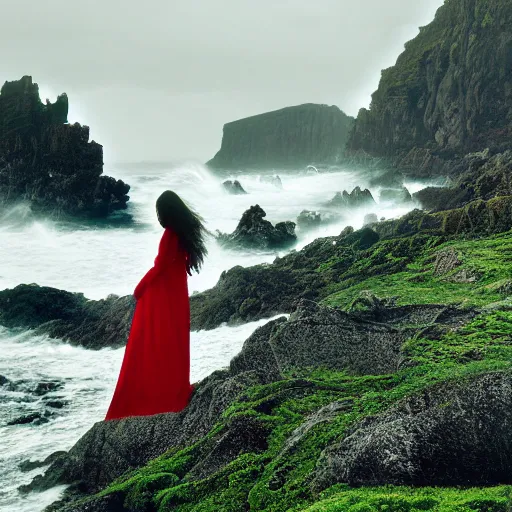 Prompt: dark and moody 1 9 7 0's artistic spaghetti western film in color, a woman in a giant billowy wide long flowing waving red dress, standing inside a green mossy irish rocky scenic landscape, crashing waves and sea foam, volumetric lighting, backlit, moody, atmospheric, fog, extremely windy
