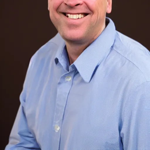 Prompt: color photograph of a balding, middle aged, brown haired, hairy, blue eyed, round faced, short white man dressed in a white shirt, smiling at the camera with perfect, straight white teeth