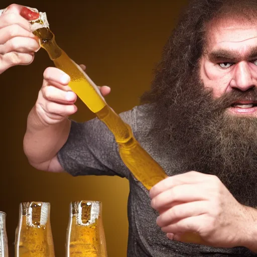 Prompt: photo of ancient caveman discovering beer for the first time, high detail, ultra realistic, 4k UHD, pristine