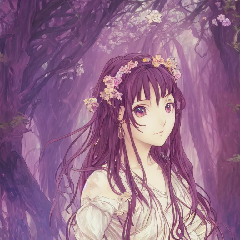 Prompt: Portrait of an anime girl by thomas kinkade and alphonse mucha, light purple background, majestic, 30mm, digital art, very detailed, concept art, pixiv