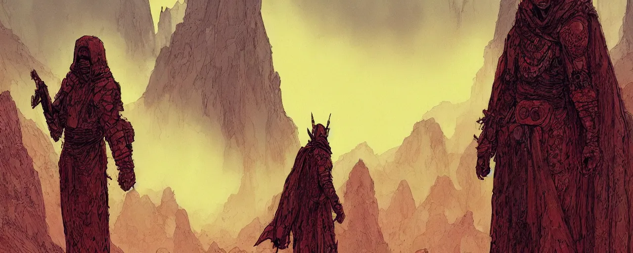 Image similar to lone wandering male figure in heavy robes and desert survival gear, artstyle of Moebius, style of Philippe Druillet, style of Rodan, brutalist style overall aesthetic, warm colors, trending on Artstation