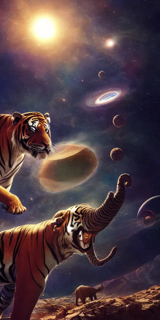 Image similar to planet - sized tiger elephant in space, next to the sun and stars, very wide shot, epic composition, hyper detailed, digital art, trending in artstation, cinematic lighting, studio quality, unreal engine 5 rendered, art style by klimt and nixeu and ian sprigger and wlop and krenz cushart