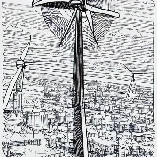 Image similar to Simplistic comic illustration of a wind turbine blueprint, black ball pen on white paper, by Josan Gonzalez and Geof Darrow