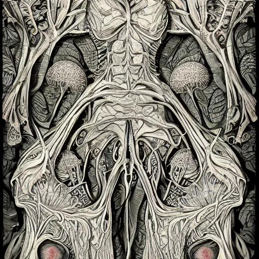 Image similar to a beautiful detailed photo of a full body rotten woman corpse morphing into fractal plants and fractal flowers and mushrooms, muscles, veins, anatomical, intricate, ornate, volumetric light, beautiful lit, beetlejuice