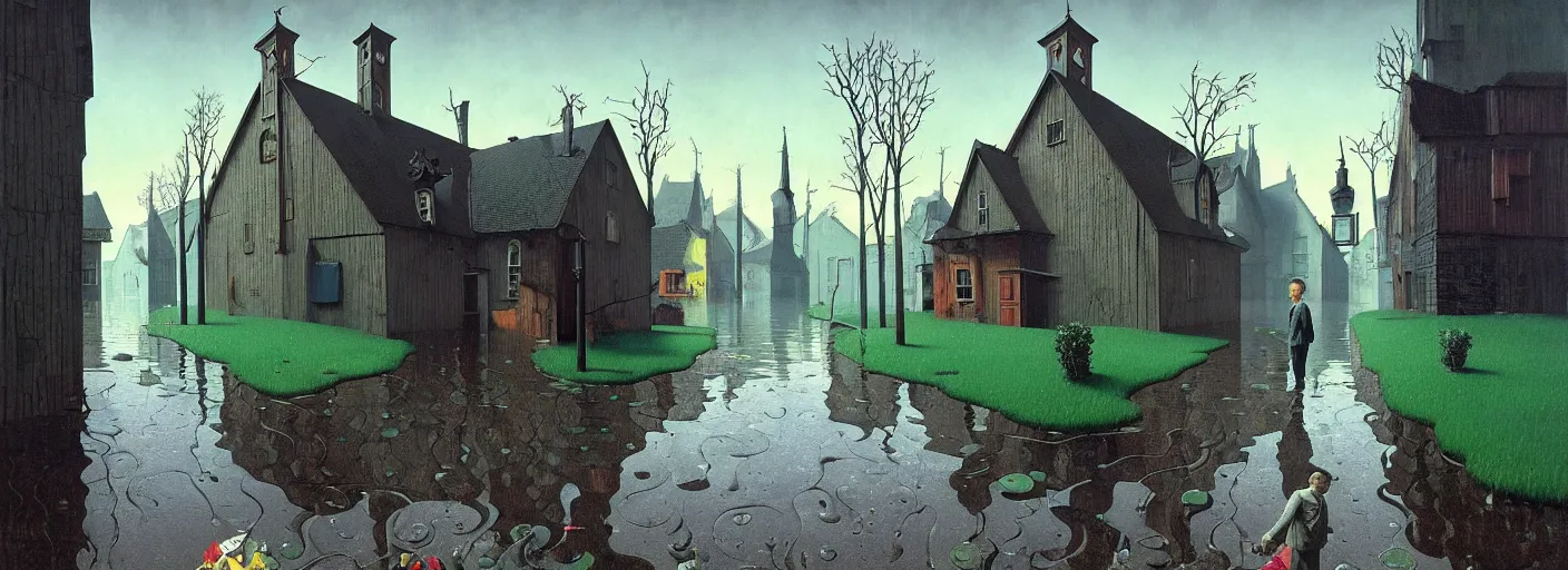 Image similar to flooded! old dark scary wooden empty cursed town street entrance, very coherent and colorful high contrast masterpiece by gediminas pranckevicius rene magritte norman rockwell franz sedlacek, full - length view, dark shadows, sunny day, hard lighting, reference sheet white background