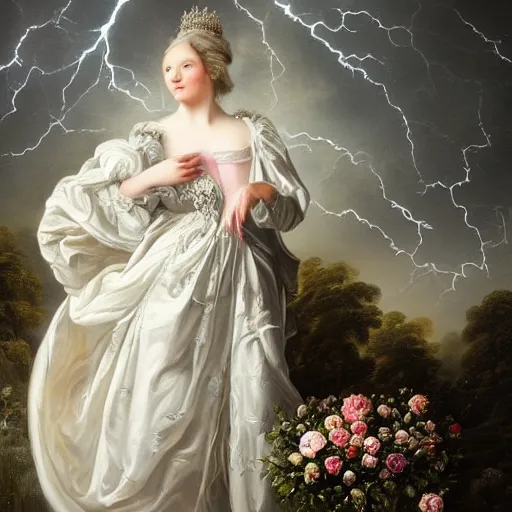 Prompt: meredit frampton a queen with a white large magnificent more and more vaporous ,wrapped ,hight decorated,detailed ,white roses cotton dress shooting surrounded by a bouquet of abstract white flowers and clouds during lightning storm ,surrealism 8k