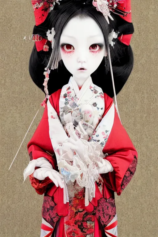 Image similar to high angle photo an avant - garde japanese bjd geisha vampire queen in a victorian red dress in the style of lovecraftian horror lolita fashion painted by yoshitaka amano, takato yamamoto, ayami kojima, dmt art, symmetrical vogue face portrait, intricate detail, artstation, cgsociety, artgerm, gold skulls, rococo