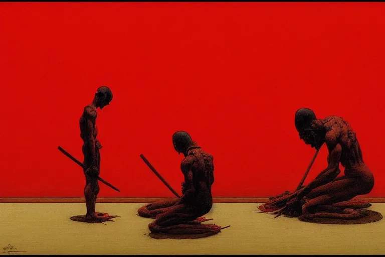 Image similar to only with red, a red samurai do seppuku, tokio, a lot of frogs watch, in the style of beksinski, parts by edward hopper, parts by rodcenko, parts by yue minjun, intricate and epic composition, red by caravaggio, insanely quality, highly detailed, masterpiece, red light, artstation, 4 k