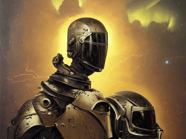 Prompt: a detailed profile painting of a bounty hunter in armour and visor, cinematic sci-fi poster. Flight suit, anatomy portrait symmetrical and science fiction theme with lightning, aurora lighting clouds and stars. Clean and minimal design by beksinski carl spitzweg and tuomas korpi. baroque elements. baroque element. intricate artwork by caravaggio. Oil painting. Trending on artstation. 8k