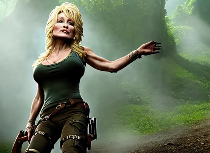 Image similar to film still of!!!! dolly parton!!! as lara croft in new tomb raider movie, 8 k