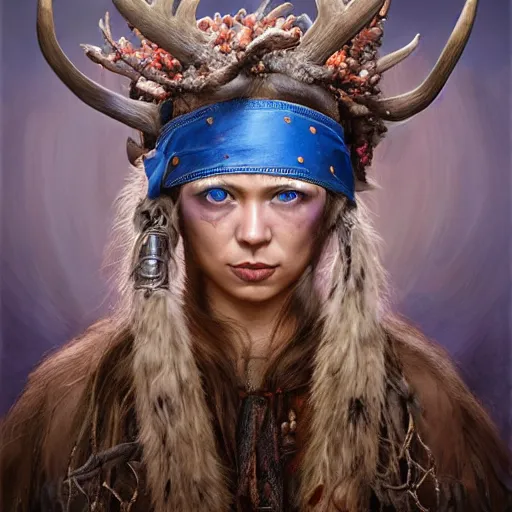 Image similar to A young female shaman, blue hair and antlers on her head. blindfolded, heilung, in the style of Heather Theurer, headshot photoshoot, insanely detailed and intricate, beautiful, elegant, cinematic toplight, portrait, headroom, artstation, karol bak