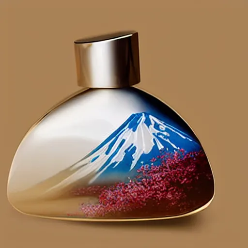 Prompt: product concept of Perfume bottle shaped like Mt. Fuji