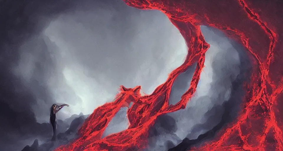 Image similar to a volcano made of ivory vines and crimson rocks enters in eruption, it spits a smoke in the shape of demonic eye, by Charlie bowater